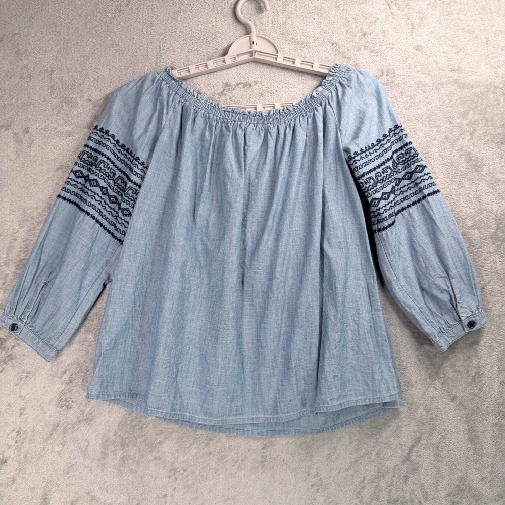 Gap Blouse Women S Blue Chambray Off the Shoulder Embroidered‎ Boho Peasant Top - Picture 3 of 10